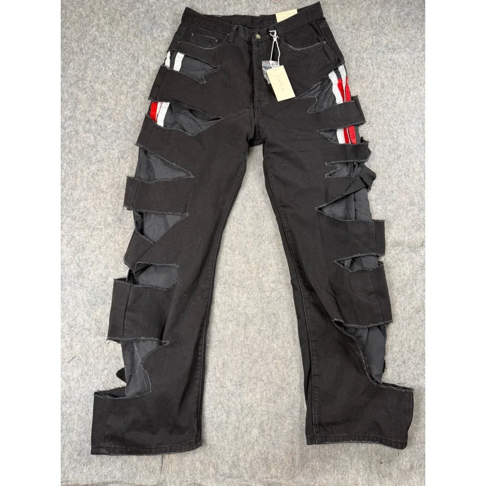 MNML D284 Distressed Jeans Mens 32 Black Cotton Cut Out Streetwear Grunge New